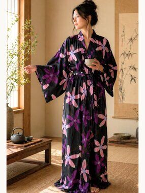 Japanese Floral Kimono Robe Black Pink Maxi Cotton Wrap L XL NWOT Loungewear